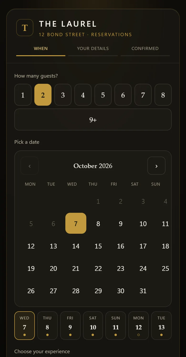 A restaurant reservation page: party size, date and sitting