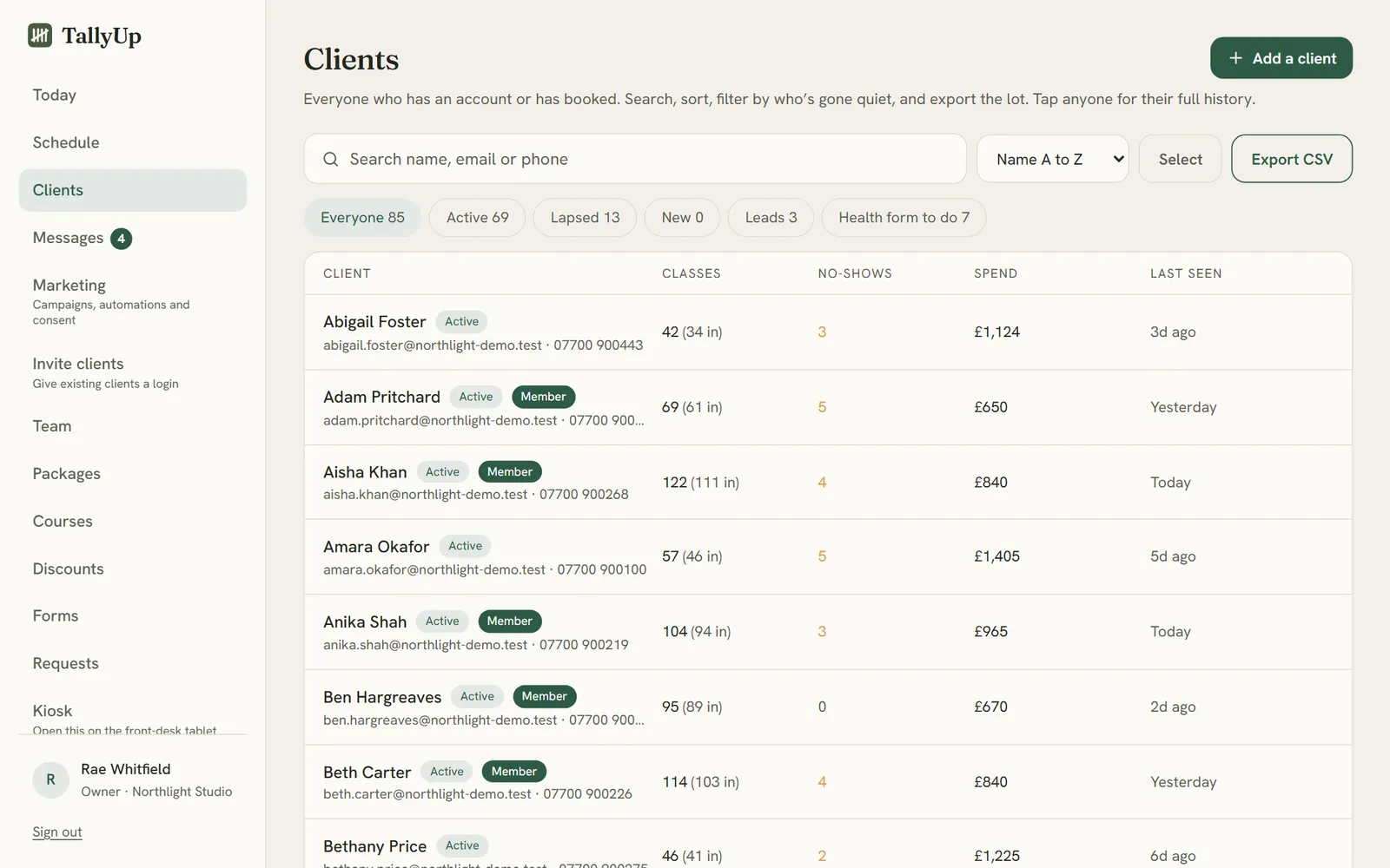 The client list: everyone on the books, with status, classes, no-shows, spend and when they were last seen, and filters for who has gone quiet