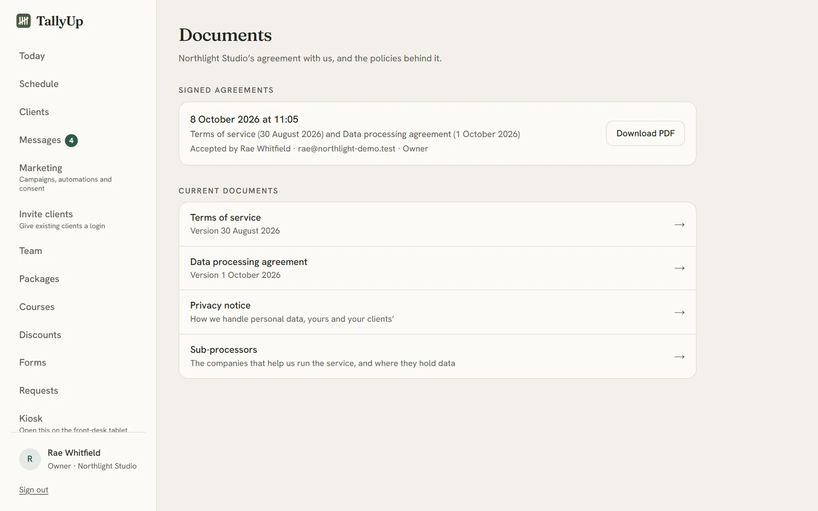 The documents page: the signed agreement with TallyUp, the terms, the data processing agreement, the privacy notice and the sub-processors