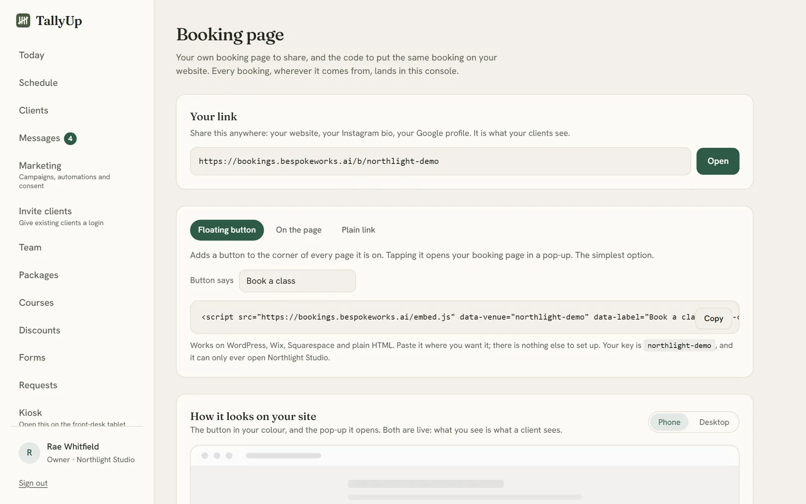 The booking page settings: the studio's own link, and the button that puts booking on the studio's own website, with a live preview