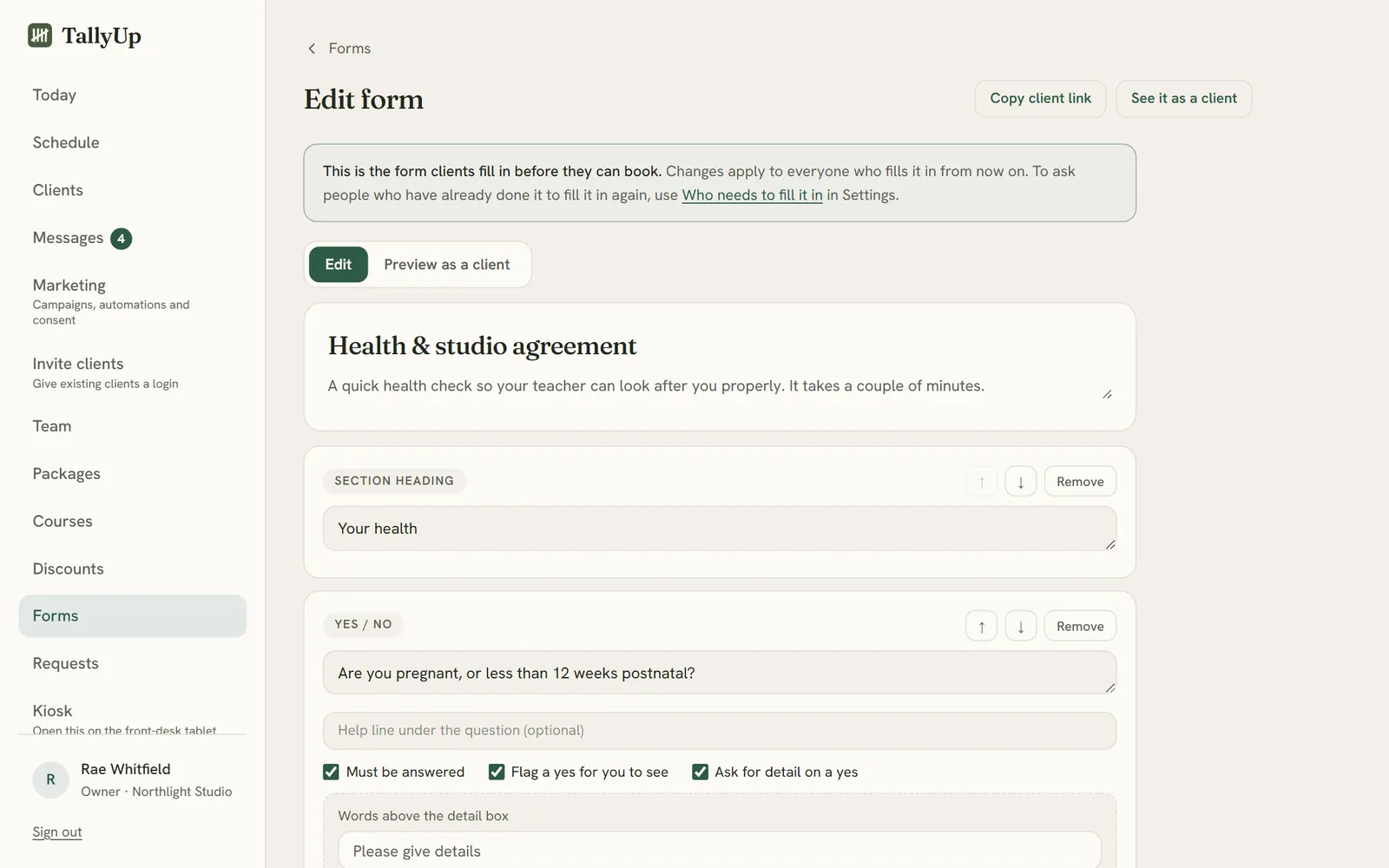 The form builder: a section heading and yes or no questions that can flag an answer for the teacher and ask for details