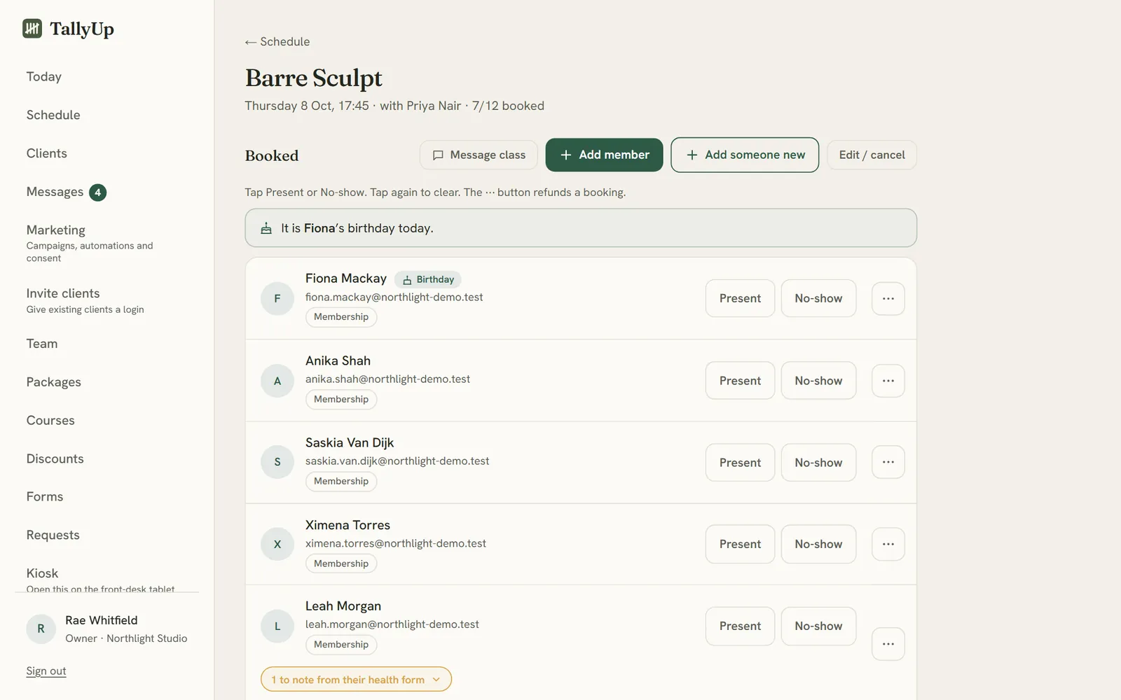 A class list: who is booked, a birthday, a note from a health form, a payment still due, and present or no-show buttons for each person