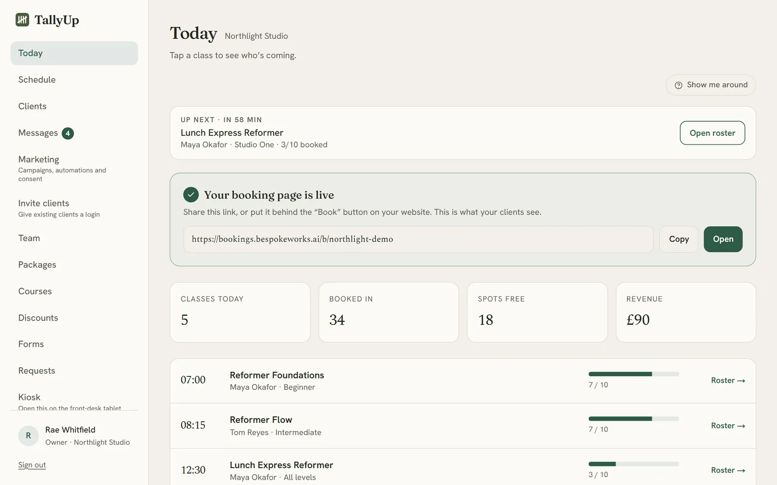 The Today page: the next class, the studio's booking link, classes today, how many are booked in, spots free and revenue, with each class and its roster link
