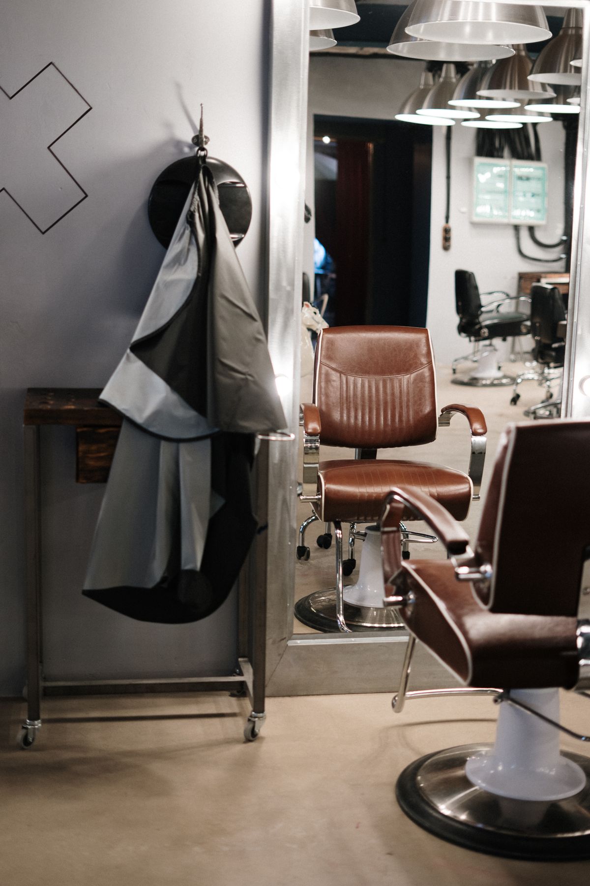 A barbershop with leather chairs